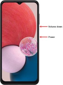 taking a screenshot on a Samsung Galaxy A13 by pressing the Power and Volume Down buttons simultaneously